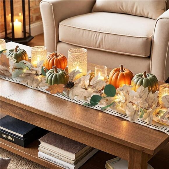Fall Leaves Garland with Lights for Mantle Decor, 6 Ft Neutral Fall Ear Maple - Picture 6 of 7